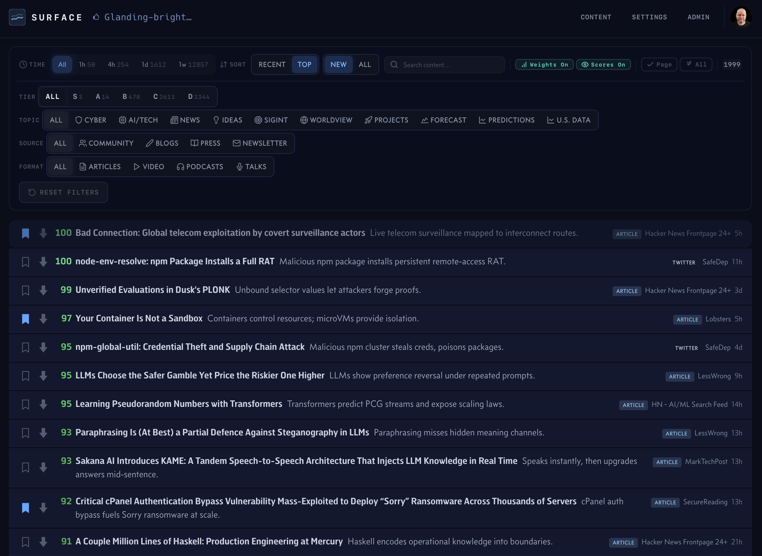Screenshot of the Surface interface showing the live ranked feed